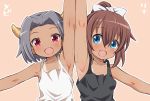  2girls arm_up armpit bare_shoulders blush bow child copyright_request eyebrows flat_chest hair_bow horns looking_at_viewer multiple_girls pic_k short_hair simple_background strap sweat tan upper_body 