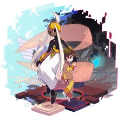  1boy 1other 48okku battle_chip black_bodysuit black_eyes black_footwear bodysuit brown_hair child closed_mouth commentary_request dark_skin empty_eyes floating helmet highres long_hair looking_at_viewer mamoru_ura_(mega_man) mega_man_(series) mega_man_battle_network_(series) mega_man_battle_network_3 netnavi no_shoes orange_helmet pajamas pants puffy_pants serenade_(mega_man) shirt short_hair signature socks white_hair white_pants white_socks yellow_pajamas yellow_pants yellow_shirt 