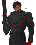  1boy beard facial_hair gun looking_away male_focus overwatch reaper_(overwatch) red_eyes simple_background solo weapon white_background 