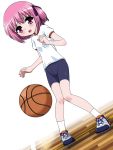  1girl ball basketball blush body_blush child female gym gym_uniform hair_bow knee_blush minato_tomoka pink_hair rou-kyuu-bu! shirt short_hair shorts socks solo t-shirt violet_eyes wooden_floor yason_shain 