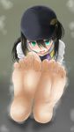 1girl barefoot black_hair blush cap dirty_feet feet feet_together female_protagonist_(pokemon_go) green_eyes long_hair looking_at_viewer pokemon pokemon_go pokemon_trainer pov pov_feet smell smelling_feet smile soles solo steam sweat toes tomboy young