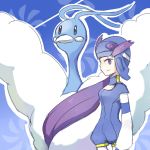  1girl altaria bird blue_background choker goggles goggles_on_head gym_leader helmet nagi_(pokemon) pokemon pokemon_(creature) pokemon_(game) pokemon_rse purple_hair smile standing violet_eyes 