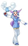  1girl bird full_body gloves goggles goggles_on_head gym_leader helmet holding holding_poke_ball long_hair nagi_(pokemon) open_mouth outstretched_arm poke_ball pokemon pokemon_(creature) pokemon_(game) pokemon_rse ponytail purple_hair shoes simple_background smile standing swablu violet_eyes white_background 