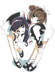  2girls adjusting_hair black_footwear black_hair black_jacket brown_hair cardcaptor_sakura daidouji_tomoyo full_body green_eyes hair_bobbles hair_ornament hairband hand_on_own_knee highres jacket kinomoto_sakura leaning_forward long_hair looking_at_viewer mary_janes multiple_girls neckerchief nnn-ollll purple_hairband sailor_collar school_uniform shoes short_hair short_twintails skirt socks standing standing_on_one_leg tomoeda_elementary_school_uniform twintails violet_eyes white_neckerchief white_sailor_collar white_skirt white_socks 