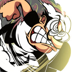  1boy afterimage black_eyes black_hair black_pants black_shirt bulging_eyes chef_hat clenched_hand clenched_teeth commentary_request eye_twitch facial_hair gameplay_mechanics gokuu_(acoloredpencil) hat highres long_nose male_focus motion_lines mustache pants partial_commentary pencil_mustache peppino_spaghetti pizza_tower ringed_eyes running shirt shoe_soles short_hair short_sleeves simple_background solo speed_lines teeth v-shaped_eyebrows white_hat 