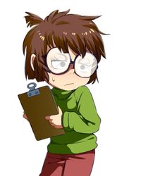    1girl blush brown_hair child clipboard frown glasses jcm2 lisa_loud sweater the_loud_house 