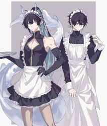  2boys ahoge alternate_costume apron aqua_eyes aqua_hair artist_name averting_eyes bare_shoulders black_dress black_gloves black_hair blue_horns blue_tail border buttons chinese_clothes cleavage_cutout closed_mouth clothing_cutout commentary_request cowboy_shot crossdressing dan_heng_(honkai:_star_rail) dan_heng_(imbibitor_lunae)_(honkai:_star_rail) dragon_boy dragon_horns dragon_tail dress dual_persona earrings elbow_gloves embarrassed enmaided eyeliner frilled_apron frilled_dress frills frown gloves grey_background hair_between_eyes hair_ribbon hand_on_own_hip hand_up high_ponytail highres holding holding_tray honkai:_star_rail honkai_(series) horns jewelry juliet_sleeves long_hair long_sleeves looking_at_viewer looking_to_the_side maid maid_apron maid_headdress makeup male_focus mandarin_collar mogi_(green_tea_planet) multicolored_hair multiple_boys outside_border pectoral_cleavage pectorals pleated_dress pointy_ears ponytail puffy_sleeves red_eyeliner ribbon short_hair signature simple_background sleeve_cuffs sleeveless sleeveless_dress standing tail tray very_long_hair waist_apron white_apron white_border white_ribbon 