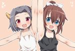  2girls arm_up armpit bare_shoulders blush bow child copyright_request eyebrows hair_bow horns looking_at_viewer multiple_girls pic_k short_hair simple_background sleeveless strap upper_body 