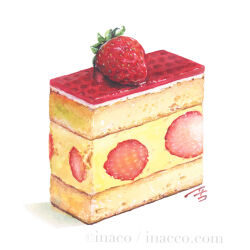  artist_name cake cake_slice commentary_request food food_focus fruit inaco no_humans original painting_(medium) signature simple_background still_life strawberry strawberry_cake traditional_media watercolor_(medium) white_background 