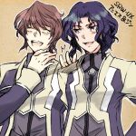  2boys agnes_berge blue_hair brown_hair closed_eyes jin_spencer laughing male_focus multiple_boys open_mouth smile super_robot_wars super_robot_wars_ux 