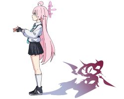  ahoge black_footwear black_gloves black_skirt blue_archive blue_eyes blue_necktie character_request check_character different_shadow fingerless_gloves from_side full_body gloves highres hoshino_(blue_archive) hoshino_terror_(blue_archive) kneehighs long_hair long_sleeves miniskirt momomatang necktie pink_hair plaid_clothes plaid_skirt pleated_skirt profile shirt shoelaces shoes simple_background skirt sneakers socks standing very_long_hair white_background white_shirt white_socks 