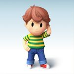  1boy 3d ape_(company) black_eyes brown_hair earthbound_(series) gradient gradient_background hal_laboratory_inc. looking_at_viewer male_focus mother_4 mother_4_team nintendo parody smashified solo super_smash_bros. travis_(mother_4) unofficial white_background 