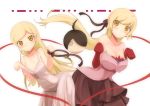  2girls araragi_koyomi artist_request bakemonogatari bare_shoulders blonde_hair breasts child cleavage collarbone dress dual_persona elbow_gloves gloves gradient_background kiss-shot_acerola-orion_heart-under-blade long_hair looking_at_viewer monogatari_(series) multiple_girls yellow_eyes 