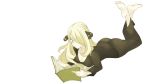  1girl barefoot black_pants blonde_hair book breasts cleavage feet holding holding_book large_breasts long_hair lying on_stomach pants pokemon reading simple_background smile soles solo toes white_background yellow_eyes 