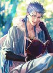  1boy blue_hair book cape cu_chulainn_(fate/grand_order) fate/grand_order fate_(series) fingerless_gloves glasses gloves lancer long_hair looking_at_viewer male_focus open_mouth red_eyes smile solo suda_ayaka 