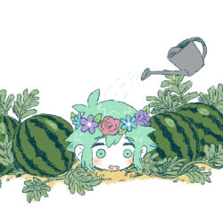  1boy basil_(headspace)_(omori) basil_(omori) blush colored_skin flower food fruit green_eyes green_hair head_wreath male_focus omori open_mouth short_hair simple_background solo sun_iiinu watering watering_can watermelon white_background white_skin 