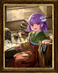  1girl arm_support blush book book_stack border commentary_request day feet_out_of_frame flower forbidden_scrollery green_kimono hair_flower hair_ornament hakama hand_on_table hieda_no_akyuu highres ibushi_roun indoors inkwell japanese_clothes kimono long_skirt long_sleeves looking_at_viewer obi open_mouth ornate_border pen picture_frame pleated_skirt purple_hair reaching reaching_towards_viewer red_sash red_skirt sash short_hair signature sitting skirt skull solo sunlight touhou violet_eyes wide_sleeves window windowsill yellow_sleeves 