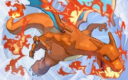  blue_eyes blue_sky breath_weapon breathing_fire charizard claws clouds commentary_request dragon emphasis_lines fighting_stance fire flying no_humans pokemon pokemon_(creature) sharp_teeth sky solo teeth uedrk_yamato 