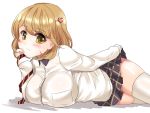  1girl blonde_hair breasts brown_eyes female hair_ornament hairclip huge_breasts looking_at_viewer lying miniskirt miyuki_rei narusawa_ryouka occultic;nine on_stomach school_uniform shirt short_hair simple_background skirt solo thigh-highs thighs uniform white_background white_legwear yellow_eyes 