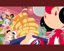  2boys 3girls ambiguous_green_liquid amp_(cool_cool_toon) animal_ears animal_print apron aqua_eyes aqua_hair aqua_outline bare_arms bare_shoulders baseball_cap bird black_bird black_eyes black_headphones blue_outline blue_pupils blush_stickers bodysuit book bracelet butter camouflage camouflage_dress camouflage_headwear child clenched_teeth closed_mouth collar collared_shirt colored_eyelashes cool_cool_toon couch crow crow_(cool_cool_toon) cup dot_nose dress drinking_straw ear_down eyelashes food forehead fork green_dress green_hat grey_outline gyoubu_ippei hand_on_another's_head hand_on_chair hand_on_own_face hat headphones holding holding_book holding_tray impossible_hair indoors ival_(cool_cool_toon) iyamy_(cool_cool_toon) jewelry jpeg_artifacts lace-trimmed_dress lace-trimmed_sleeves lace_trim letterboxed looking_at_food looking_at_viewer multicolored_clothes multicolored_dress multicolored_hat multiple_boys multiple_girls musical_note musical_note_print no_pupils official_art on_couch open_book open_hands open_mouth orange_hair outline pages pancake pancake_stack pillow pink_bodysuit pink_outline print_shirt print_sleeves purple_apron purple_dress purple_hat purple_hood purple_sleeves rabbit rabbit_ears rabbit_girl rabbit_print red_collar red_eyes red_outline red_pupils red_sleeves redhead ribbon-trimmed_apron ribbon-trimmed_sleeves ribbon_trim sharp_teeth shirt short_dress simple_background sitting sleeve_cuffs sleeveless sleeveless_dress snk spica_(cool_cool_toon) spiky_hair standing syrup tachi-e teeth toon_(style) tray treble_clef turtleneck twintails updo upper_body white_background white_hat white_rabbit_(animal) white_shirt white_sleeve_cuffs witch_hat yellow_collar yellow_eyes yellow_headphones yellow_shirt yellow_sleeves yusa 