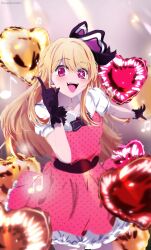  1girl absurdres balloon belt black_belt black_gloves blonde_hair blurry blush commentary_request cowboy_shot depth_of_field dress gloves hair_between_eyes hand_up heart_balloon highres hoshino_ruby long_hair looking_at_viewer mismatched_pupils no_pupils open_mouth oshi_no_ko pink_dress pink_eyes sengoku_chidori short_sleeves smile solo star-shaped_pupils star_(symbol) symbol-shaped_pupils teeth twitter_username upper_teeth_only 