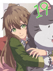  1girl bow brown_hair chiharu_(9654784) countdown doll eiyuu_densetsu green_eyes green_jacket hair_bow high_ponytail highres holding holding_stuffed_toy hugging_object jacket kai_no_kiseki kuro_no_kiseki_(series) long_hair looking_at_viewer mascot mishy ponytail shirt smile solo stuffed_animal stuffed_cat stuffed_toy towa_herschel 