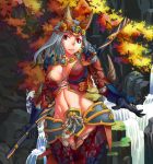  1girl armor breasts drilltusk_tetsucabra_(armor) midriff monster_hunter navel red_eyes silver_hair solo thigh_gap waterfall wide_hips 