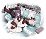  1boy 1girl bare_shoulders bench blanket blonde_hair blue_eyes blue_hair boots child cliff_fittir closed_eyes fingerless_gloves gloves hair_ribbon hidu_aki hizuki_(hiduaki) long_hair long_sleeves maria_traydor pants ponytail short_hair sidelocks skirt smile square_enix star_ocean star_ocean_till_the_end_of_time younger 