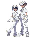  1boy 1girl aether_foundation_employee black_hair breasts brown_eyes dark_skin eyebrows flat_cap gloves hair_between_eyes hat looking_at_viewer official_art open_mouth pocket poke_ball pokemon pokemon_(game) pokemon_sm short_hair short_sleeves side_slit simple_background sleeve_cuffs small_breasts standing thigh_strap white white_background white_gloves white_hat white_legwear 