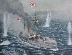  absurdres acrylic_paint_(medium) akagi_(gunboat) atelier_bono battle cannon first_sino-japanese_war fog gunboat highres imperial_japanese_navy mast naval_battle original painting_(medium) rising_sun_flag smoke smokestack sunburst traditional_media turret under_fire vehicle_focus 