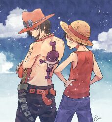  2boys aco_peda arm_tattoo back_tattoo belt black_hair blue_shorts clouds commentary_request cowboy_shot elbow_pads freckles hands_on_own_hips hat jewelry jolly_roger male_focus monkey_d._luffy multiple_boys necklace one_piece orange_belt orange_hat pearl_necklace portgas_d._ace red_shirt scar scar_on_face shirt shorts signature single_elbow_pad sky sleeveless sleeveless_shirt smile straw_hat tattoo topless_male whitebeard_pirates_jolly_roger 