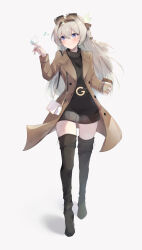  1girl absurdres alternate_costume bag belt bird bird_on_hand black_belt black_dress black_footwear black_hairband blush boots brown_coat coat commentary cup disposable_coffee_cup disposable_cup dress elphe eyewear_on_head firefly_(honkai:_star_rail) full_body grey_background grey_hair hairband highres holding holding_cup honkai:_star_rail honkai_(series) long_hair long_sleeves musical_note open_clothes open_coat shoulder_bag simple_background solo standing sunglasses sweater sweater_dress symbol-only_commentary thigh_boots turtleneck turtleneck_sweater very_long_hair violet_eyes 