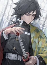  1boy bare_tree belt belt_buckle black_hair black_jacket black_pants blue_eyes buckle buttons closed_mouth collared_jacket commentary_request cowboy_shot day demon_slayer_uniform expressionless fingernails forest hand_on_hilt haori high_collar highres jacket japanese_clothes katana kimetsu_no_yaiba layered_sleeves lips long_hair long_sleeves looking_at_hand low_ponytail male_focus modare multicolored_hair nature outdoors pants pocket red_haori sheath sheathed short_ponytail snowing solo sword tomioka_giyuu tree two-tone_hair weapon white_belt winter yellow_haori 