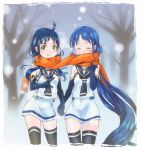  2girls ahoge bare_shoulders blue_hair closed_eyes commentary_request covered_mouth elbow_gloves gloves green_eyes grin hand_holding kantai_collection kikisuke_t long_hair looking_at_viewer multiple_girls neckerchief orange_scarf outdoors samidare_(kantai_collection) scarf school_uniform serafuku shared_scarf shirt skirt sleeveless sleeveless_shirt smile snowing suzukaze_(kantai_collection) thigh-highs tied_hair tree twintails v very_long_hair white_skirt winter zettai_ryouiki 