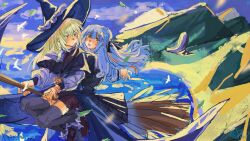  2girls bang_dream! bang_dream!_it&#039;s_mygo!!!!! black_dress black_hat black_ribbon black_thighhighs blue_hair blue_sky blush broom broom_riding closed_mouth commentary day dress falling_leaves floating_hair green_hair hair_ribbon hat highres hug hug_from_behind kita_no_shinya large_hat leaf long_hair midair mountain multiple_girls ocean open_mouth outdoors red_shorts ribbon shorts sky thigh-highs togawa_sakiko wakaba_mutsumi witch_hat yellow_eyes 