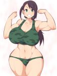  1girl breasts cleavage curvy green_eyes grin huge_breasts idolmaster idolmaster_cinderella_girls long_hair looking_at_viewer muscle muscular_female navel ponytail purple_hair smile solo ushi wide_hips yamato_aki 