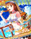  1girl bare_shoulders belt blush breasts brown_eyes brown_hair card character_name choker cleavage corn_dog eyebrows_visible_through_hair food french_fries hamburger heart idol_wars_z kagurazaka_yurina large_breasts long_hair midriff mini_flag musical_notes navel open_mouth shorts solo sparkles stars water 