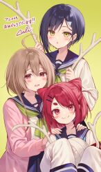  3girls ahoge antlers blush breasts brown_hair cone_hair_bun deer_antlers fukahire_(ruinon) green_neckerchief hair_bun hair_ears hair_ornament hairclip highres horns light_brown_hair long_hair long_sleeves looking_at_viewer multiple_girls neckerchief nekoyamada_neko open_mouth redhead school_uniform second-party_source serafuku shikanoko_nokonoko_koshitantan shirt short_hair single_sidelock sleeves_past_fingers sleeves_past_wrists smile tanukikouji_kinu tsubameya_chiharu twintails very_long_sleeves white_shirt yellow_eyes 