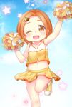  1girl armpit cheerleader child eyebrows holding idolmaster idolmaster_cinderella_girls looking_at_viewer navel one_eye_closed open_mouth orange_eyes orange_hair pom_poms ryuuzaki_kaoru shoes skirt solo standing_on_one_leg star xenon_(simlacurm) 