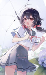  1girl ahoge artist_name black_hair blurry bow commission cowboy_shot day depth_of_field flower grey_sailor_collar grey_skirt hair_bow hair_ornament hairclip hands_up highres holding holding_umbrella hydrangea looking_to_the_side low_twintails midriff miniskirt momoyama_momo navel neck_ribbon open_mouth original outdoors pleated_skirt rain red_bow red_eyes red_ribbon ribbon sailor_collar school_uniform serafuku short_sleeves skeb_commission skirt solo standing transparent transparent_umbrella twintails umbrella white_serafuku x_hair_ornament 