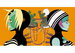  2girls alternate_costume alternate_hair_color alternate_hairstyle alternate_skin_color aqua_skin back-to-back bare_shoulders black_hood black_shirt blonde_hair breasts cable cactus clover clover_cutout colored_skin cool_cool_toon dual_persona eyelashes forehead four-leaf_clover from_side green_skin green_skirt gyoubu_ippei hair_ornament highres hood hood_up horizontal-striped_hood large_breasts letterboxed looking_ahead multiple_girls nose official_alternate_costume official_alternate_hair_color official_alternate_hairstyle official_alternate_skin_color official_art open_mouth orange_background orange_eyes pom_pom_(clothes) profile purple_hair ranke shirt short_sleeves sketch skirt sleeveless sleeveless_shirt snk stitched_chest stitched_face stitches striped_clothes striped_hood syringe third-party_source upper_body violet_eyes white_lips white_pom_poms white_shirt 