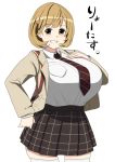  1girl blush breasts brown_eyes brown_hair grin hair_ornament hand_on_breast huge_breasts looking_at_viewer narusawa_ryouka necktie occultic;nine short_hair skirt smile solo standing 