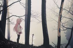  1girl arms_at_sides black_hairband black_thighhighs blazer blood blood_on_clothes blood_stain blue_eyes day dirt fog forest from_side hairband highres implied_murder jacket long_bangs long_sleeves looking_down nature nijisanji nkymyura open_clothes open_jacket outdoors pink_hair planted planted_shovel profile school_uniform shovel sleeves_past_wrists solo standing suo_sango thigh-highs tree virtual_youtuber white_jacket wide_shot zettai_ryouiki 