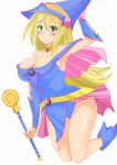  1girl bare_legs bare_shoulders blonde_hair blush boots breasts cleavage dark_magician_girl duel_monster female green_eyes hat hifumiyo large_breasts legs long_hair looking_at_viewer magical_girl no_bra shiny shiny_skin skirt solo wand wizard_hat yu-gi-oh! 