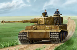  2boys balkenkreuz cannon clouds cloudy_sky cross dirt_road driving field grass kcme military military_uniform military_vehicle motor_vehicle multiple_boys original outdoors road sky tank tiger_i uniform vehicle_focus wehrmacht 