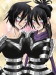 2girls armor artist_request black_hair blue_eyes bodysuit breast_press breasts dual_persona erect_nipples facial_mark genderswap genderswap_(mtf) gloves hair_bun large_breasts looking_at_viewer multiple_girls one-punch_man onsoku_no_sonic open_mouth scarf shiny shiny_hair short_hair skin_tight smile 