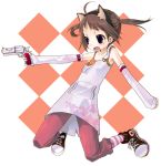  1girl animal_ears brown_hair cat_ears converse fake_animal_ears gun handgun namori original overalls pistol revolver shoes sneakers solo twintails weapon 