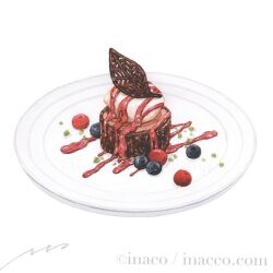  artist_name berry blueberry cake chocolate chocolate_cake commentary_request food food_focus fruit inaco no_humans original painting_(medium) plate signature simple_background still_life strawberry_syrup traditional_media watercolor_(medium) white_background 