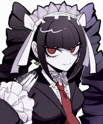  1girl black_hair black_jacket breasts celestia_ludenberg closed_mouth danganronpa:_trigger_happy_havoc danganronpa_(series) drill_hair earrings frills grey_background hand_up headdress highres jacket jewelry kani_no_shiru large_breasts long_hair long_sleeves necktie red_necktie simple_background smile solo twin_drills twintails upper_body 