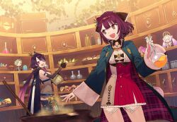  2girls :d absurdres alchemy atelier_(series) atelier_sophie_2 barrel belt blue_belt blue_coat book bottle bowl box braid brown_eyes cauldron character_doll coat cowboy_shot crown crystal elvira_(atelier_series) flask flower highres holding holding_book holding_flask indoors liquid long_hair long_sleeves looking_at_another looking_back low_twintails multiple_girls mushroom noco_(adamas) official_art olias_enders open_book open_mouth purple_hair ramizel_erlenmeyer red_flower red_rose red_skirt redhead rose shelf short_hair skirt smile sophie_neuenmuller sparkle standing steam twintails 